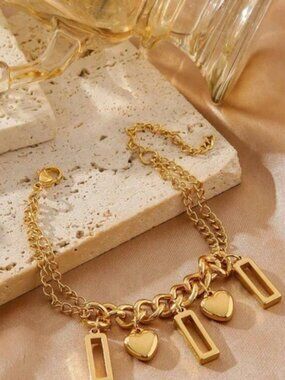 Gold Plated Stainless Steel Heart Charm Chain Bracelet